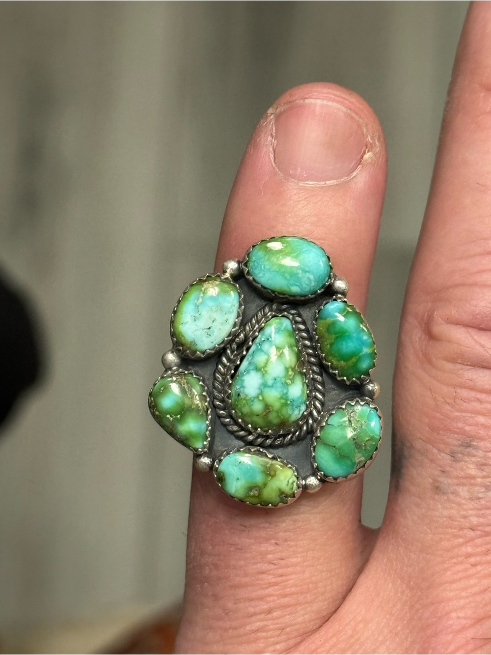 STERLING SILVER SONORAN GOLD TURQUOISE 7 STONE DOME BALL CLUSTER RING ADJ .925